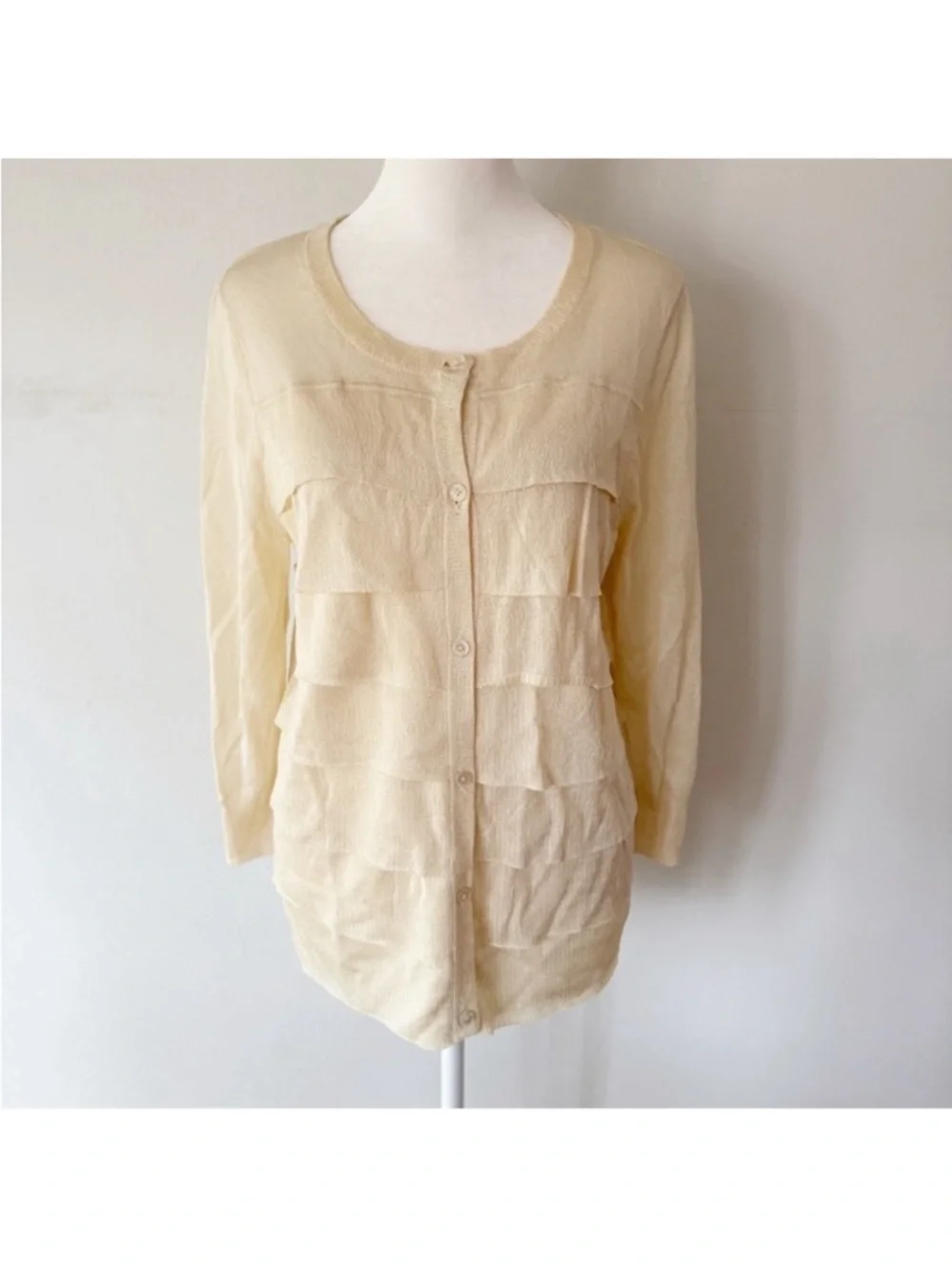 Talbots Women Ruffle Cardigan Medium Neutral Office Preppy Coastal Beachy Casual